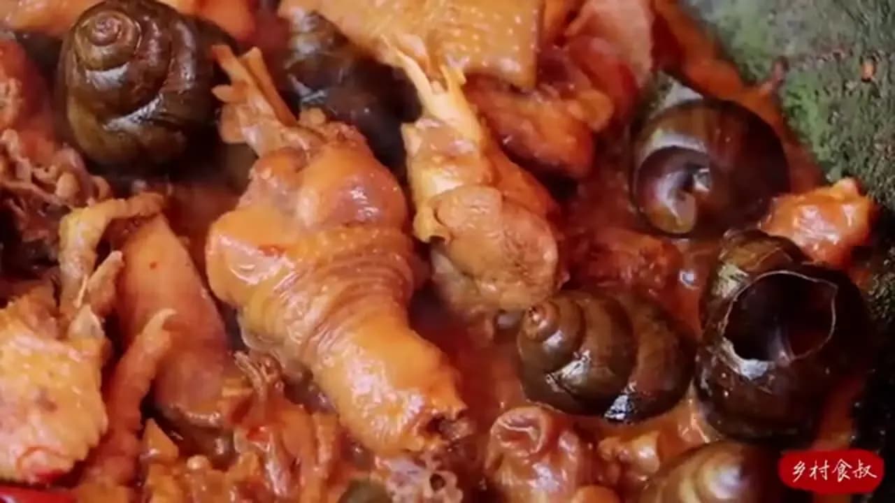 دستپخت روستایی در چین؛ خوراک لذیذ حلزون و مرغ با عطر سیر و فلفل
